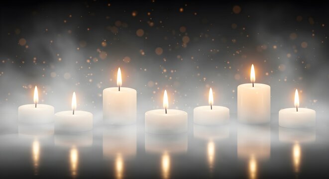 Misty candlelight memorial scene with glowing candles in fog