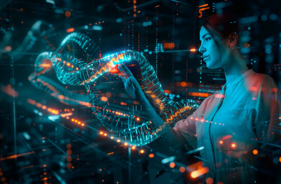 Young scientist examining DNA glowing in laboratory
