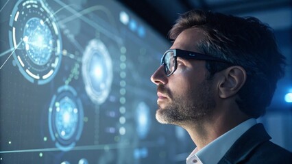 Man Analyzing Digital Data Visualizations in Modern Office Environment