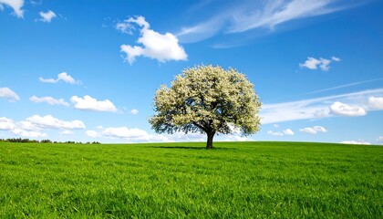 A lone blossoming tree in a vast green field under a vibrant blue sky