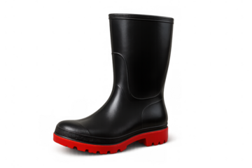 Studio shot of a single black rubber boot with red sole, isolated on transparent background, ideal for safety and outdoor work