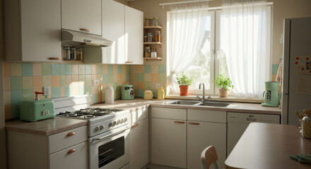 Fototapeta premium Modern kitchen with natural light and pastel decor creates a cozy atmosphere for cooking