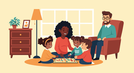Happy family playing a board game together at home. Perfect for family blogs, parenting websites, or advertising family-friendly products.