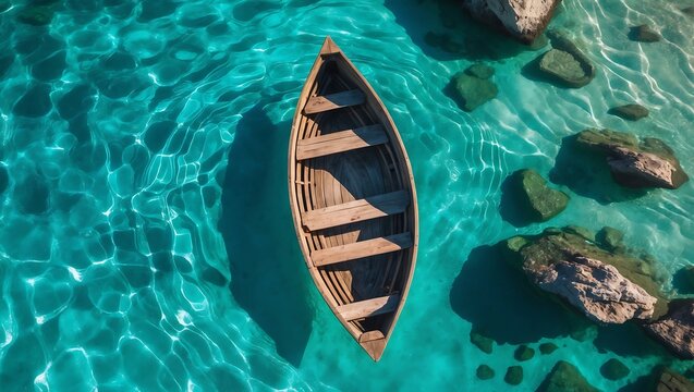 Traditional wooden canoe floating on crystal clear turquoise water with rocks and ripples
