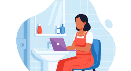 Woman working on laptop in bathroom, perfect for articles on work-life balance or remote work.