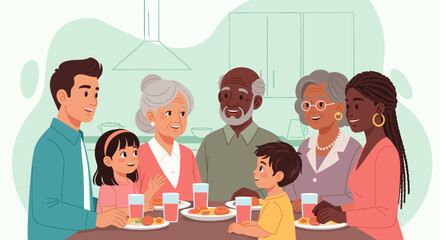 Happy multigenerational family enjoying a meal together, perfect for illustrating family bonding, togetherness, and heritage for websites, brochures, or advertisements.