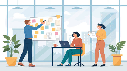 Teamwork and collaboration in a modern office setting; ideal for presentations on project management or team building.