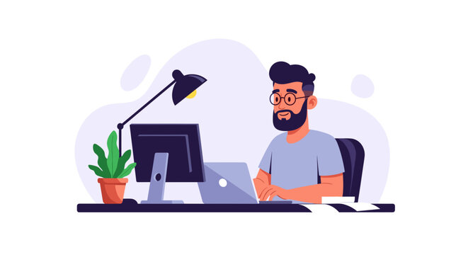 Man working on laptop at home office, perfect for website banners or blog posts.