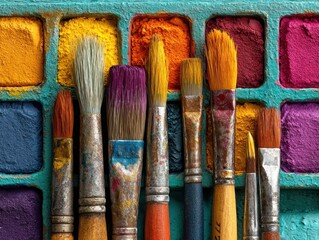 Fototapeta premium Close-up of Artistic Paint Brushes and Textured Dry Watercolor Pigments in Palette, Dynamic Composition for Creative Backgrounds, Art Education, or Design Elements