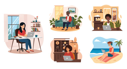 Diverse people working remotely from various locations: home office, cafe, and beach. Ideal for illustrating work-life balance, remote work, or flexible work arrangements.