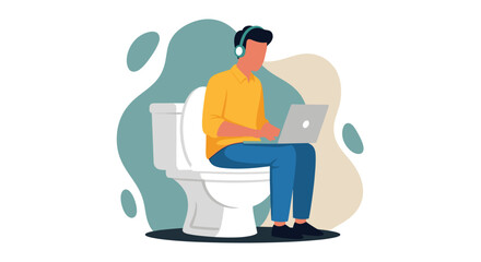 Man working on laptop while sitting on toilet - Illustration for articles about work-life balance or remote work.