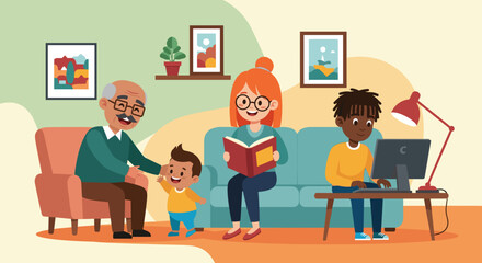 Happy multigenerational family at home: grandfather, grandmother, child and teenager, perfect for family, togetherness, and generation concepts.