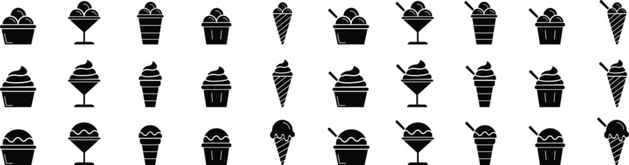 Ice cream silhouette icon set. Ice cream icon clip art collection in cone, cup, popsicle stick and glass. Vector elements for minimal summer design, sweet snack illustration or logo.