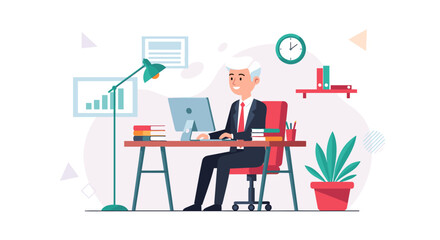 Happy businessman working at his desk, perfect for websites, presentations, and marketing materials.