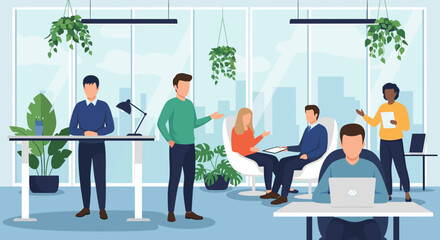 Diverse team collaborating in a modern, plant-filled office. Ideal for website banners, brochures, or presentations on teamwork and innovation.