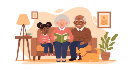 Grandparents reading to their granddaughter with their dog; perfect for family, love, and togetherness themes.