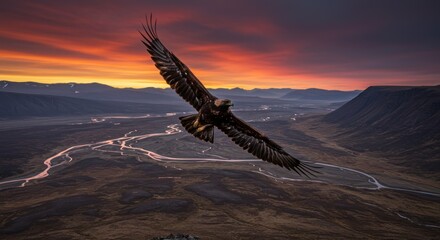 Golden eagle soaring over vast landscape at twilight displaying majesty and freedom