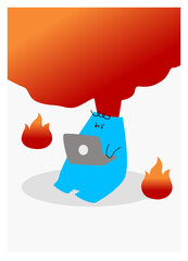 Cartoon character: angry volcano receives fake news or distort information about you.