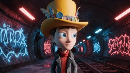 cartoon character with hat - A whimsical character in a yellow hat stands in a dimly lit subway tunnel, surrounded by colorful graffiti, evoking a sense of adventure and urban exploration