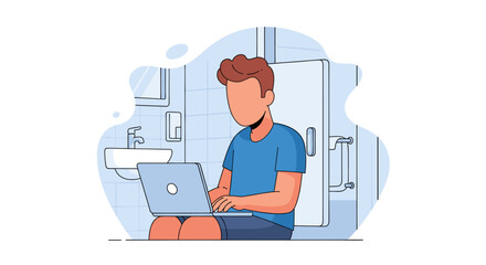 Illustration of a person working on a laptop in a bathroom, perfect for articles about remote work or unusual workspaces.