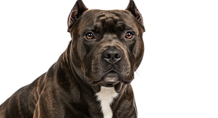 Portrait of a majestic American Bully with a curious expression and distinctive brindle coat