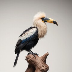 Obraz premium Tropical Hornbill on Perch: A striking close-up captures a vibrant tropical hornbill, perched regally upon a weathered branch, displaying its impressive bill and exotic plumage in exquisite detail.