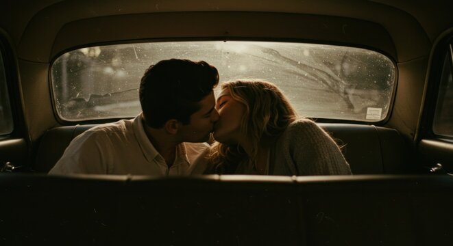 Romantic moment inside vintage car showcases love between a young couple