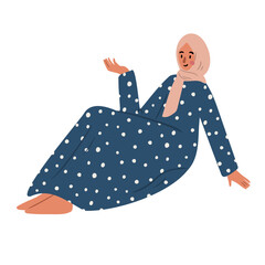 Illustration of a young Muslim woman in long dress and hijab, smiling peacefully. Flat vector illustration.