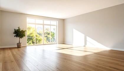 Fototapeta premium Bright and open empty room with large window and wooden floor in modern interior design style