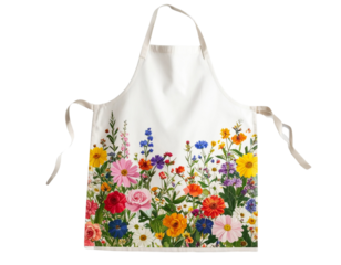  Front View of Floral Pattern Apron with Bright Colorful Flowers, Transparent Background PNG