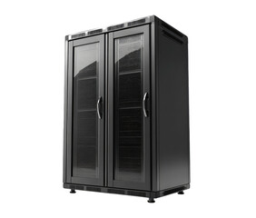 Dark gray server cabinet with glass doors.  Dual doors, ventilation, and rack mounting.  Modern, sleek design