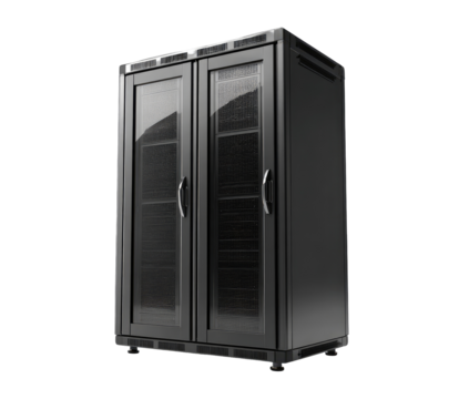 Dark gray server cabinet with glass doors.  Dual doors, ventilation, and rack mounting.  Modern, sleek design