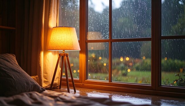 A glowing lamp casts a warm light in a cozy room, creating a serene sanctuary while watching the rain fall outside the window.