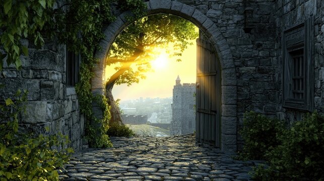 Sunlit archway in ancient stone walls - Powered by Adobe