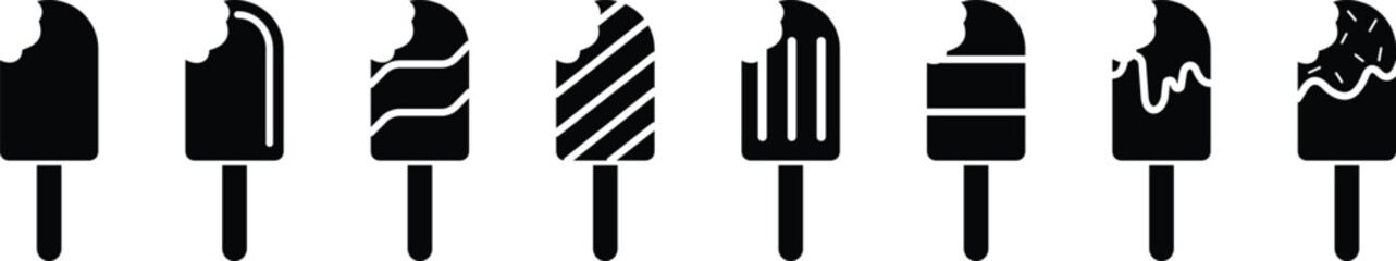 Popsicle icon clipart set. Ice cream icon clip art collection with popsicle sticks isolated on transparent background. Vector elements for minimal summer design, sweet snack illustration or logo.