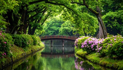 Lush Japanese garden with a bridge