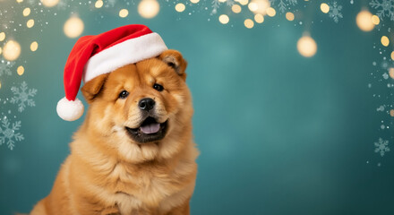 Chow Chow puppy in a Santa hat. Fluffy Christmas dog on a teal background with copy space.