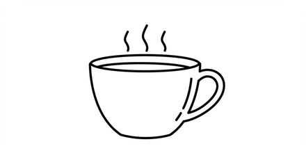 Simple line drawing of a steaming cup of coffee or tea with handle isolated on a white background vreated with genrated ai
