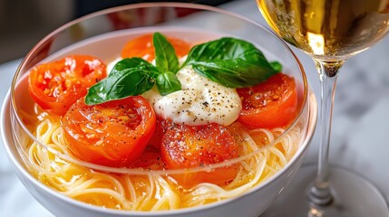 Pasta Dish with Roasted Tomatoes Mozzarella and Basil in Clear Glass Bowl with Wine