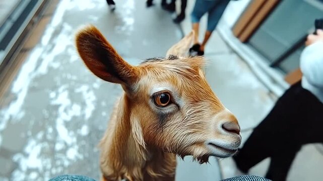 Adorable Goat Encounter: A Close-Up Perspective of a Curious Animal in Urban Setting