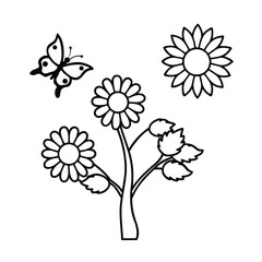 simple coloring page tree sunflowers butterflies 