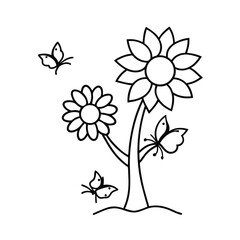 simple coloring page tree sunflowers butterflies 