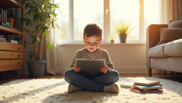 A young boy sits cross-legged on a soft rug in a sunlit living room, absorbed in a tablet. Books are stacked beside him, adding warmth to the inviting space