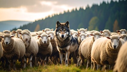 A lone wolf amidst a flock of sheep
