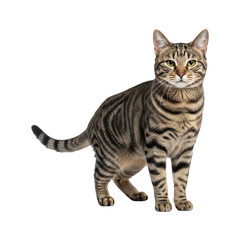A tabby cat standing upright looking forward with in a studio setting image on transparent background
