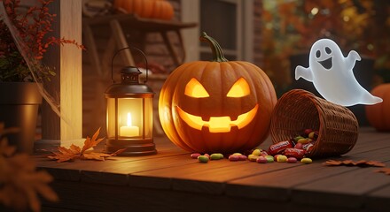 Obraz premium Jack o lantern and ghost decoration on a porch for halloween