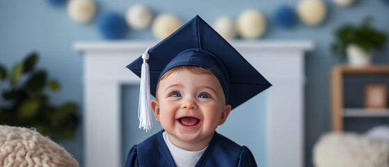 Happy baby celebrating graduation in a blue cap and gown with festive decorations
