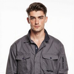 Confident Young man in Uniform : A captivating portrait of a young man, dressed in a professional uniform, embodies a sense of trustworthiness and precision in a meticulously styled portrait.