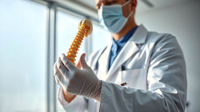 Medical professional in mask and gloves examining an anatomical model of the human spine. - Powered by Adobe