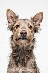Curious Canine Portrait: An up-close headshot of a mixed-breed dog with soulful eyes and attentive expression, captured in sharp focus, inviting connection and empathy.